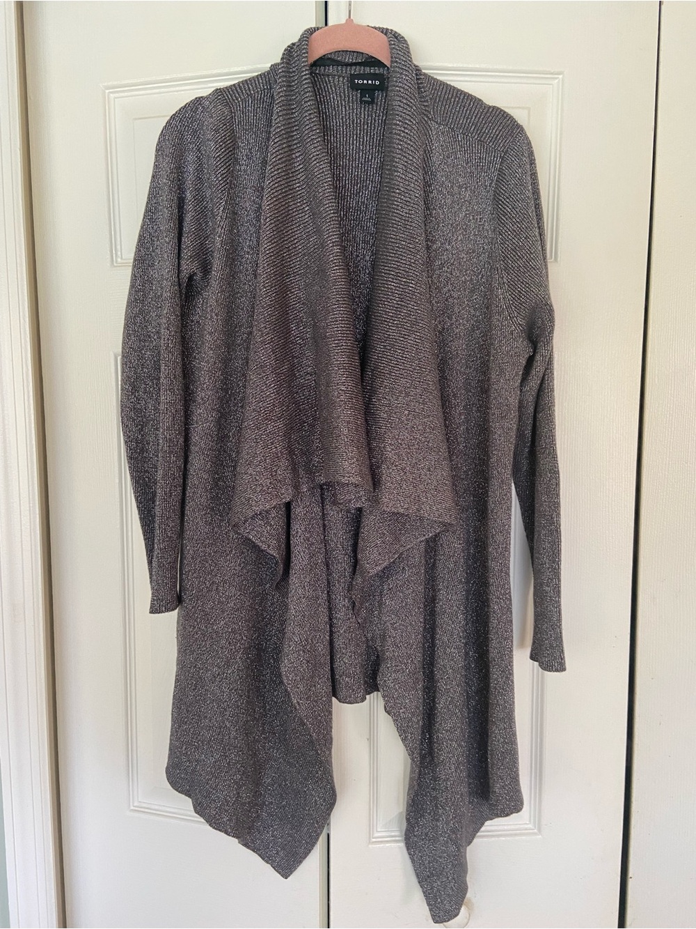 torrid Metallic Gray Draped Shawl Collar Cardigan